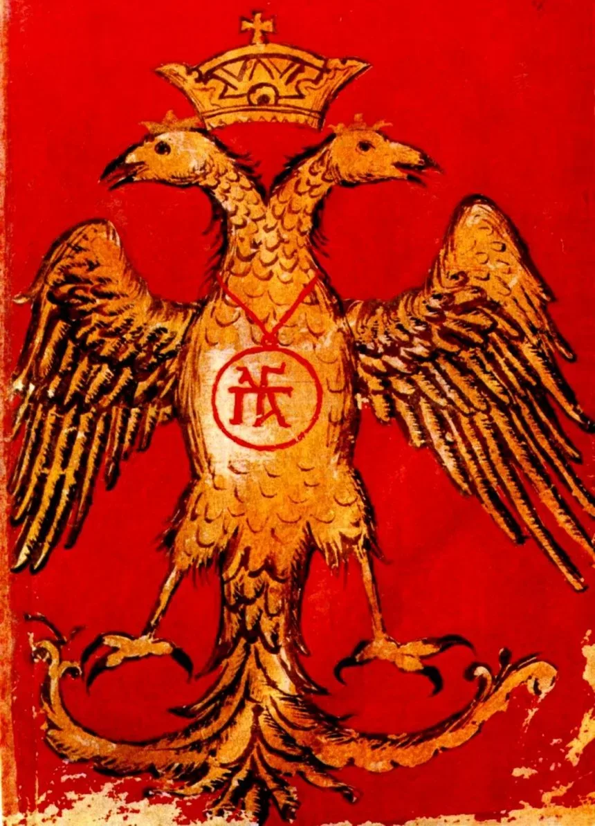 Иллюстрация герба Палеологов с золотым двуглавым орлом на красном фоне