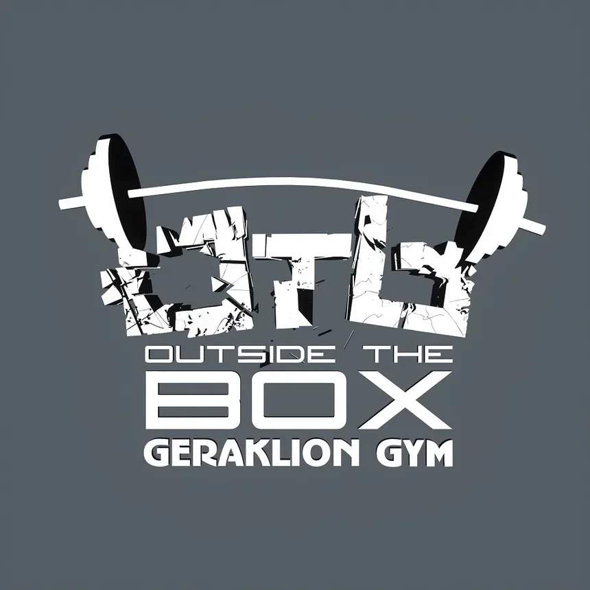 Логотип Geraklion Gym с надписью OUTSIDE THE BOX и изображением штанги
