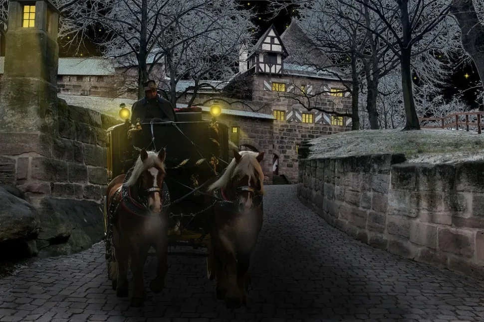 Winter, Coach, Castle, Cold, Surreal, Horses, Night