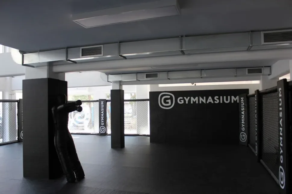 Пустой зал для единоборств с матами и логотипом Gymnasium Пустой зал для единоборств с матами и логотипом Gymnasium