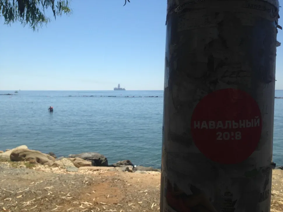 Столб у моря с красной наклейкой «НАВАЛЬНЫЙ 20!8» и видом на барахтину