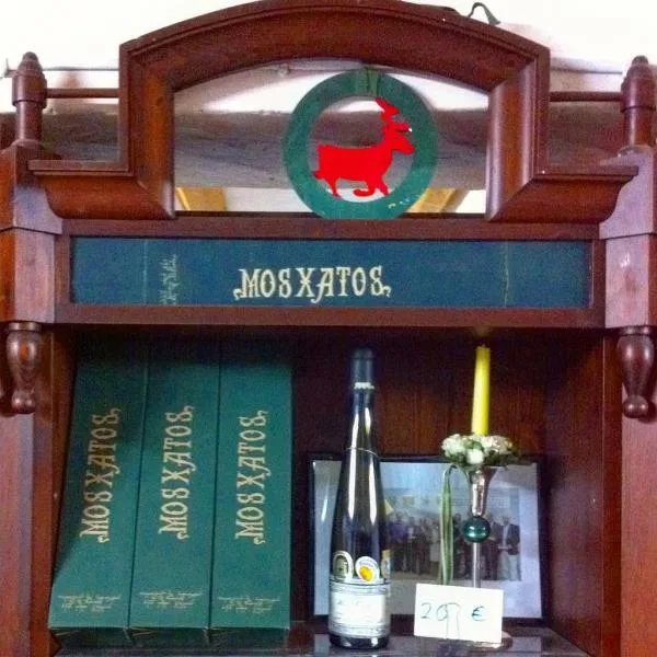 Ниша с разноцветными бутылками вин Айа Маври, подсвеченная настенной лампой