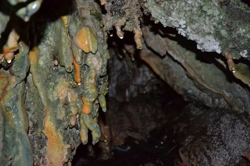 Оранжево-коричневые маленькие сталактиты с капающей водой в пещере