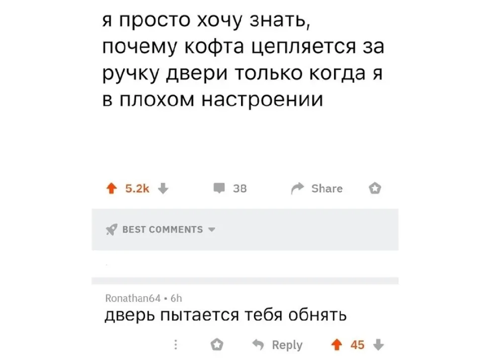 Скрин с комментарием «дверь пытается тебя обнять» под постом о зацепляющейся кофте