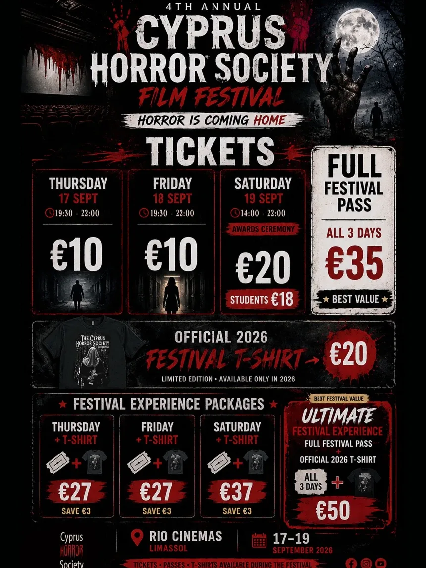 Афиша Cyprus Horror Society Film Festival 2026 с промо официальной футболки и ценой €20