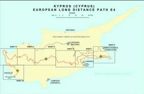 Карта кипрского участка европейского пешеходного маршрута E4 с отмеченными секциями