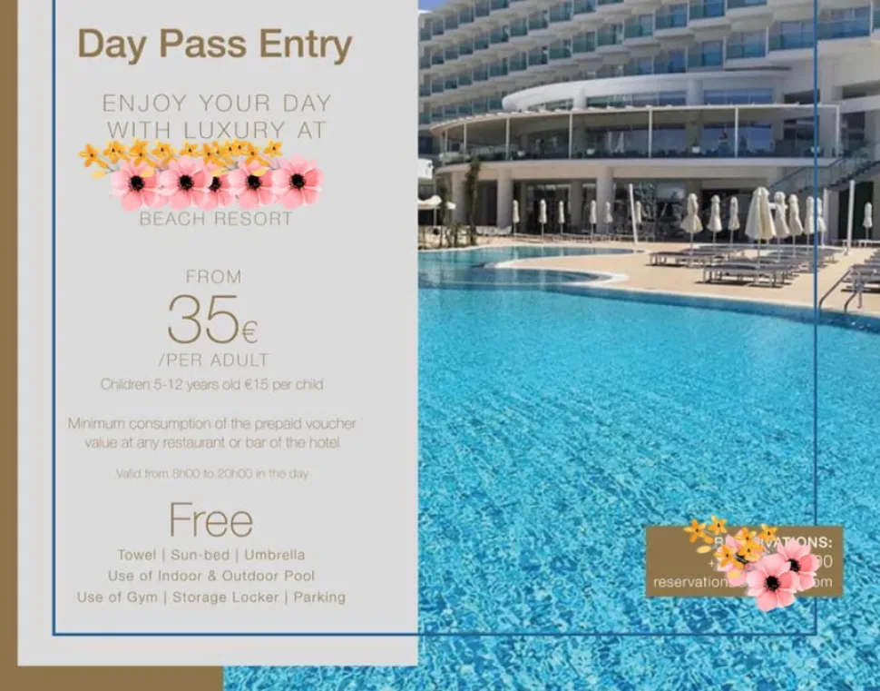Флаер Day Pass с ценой от 35€ и изображением бассейна курорта