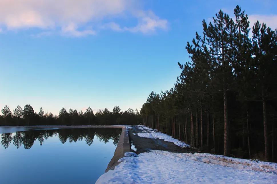 Каскадный водосброс и зелёные сосны у продромосского водоёма