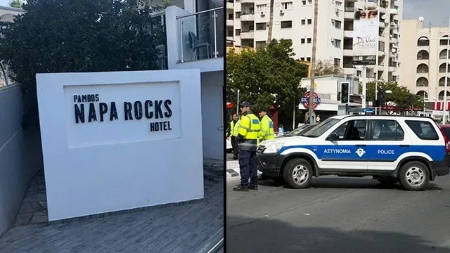 Вывеска отеля Pambos Napa Rocks и кипрская полицейская машина на улице