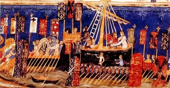 Иллюстрация морской сцены с кораблями как историческое изображение в статье