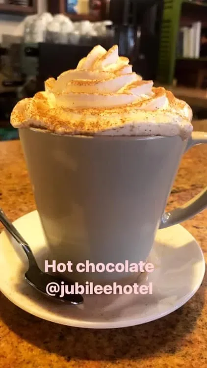 Image may contain: drink, coffee cup, food and indoor, possible text that says 'Hot chocolate @jubileehotel'