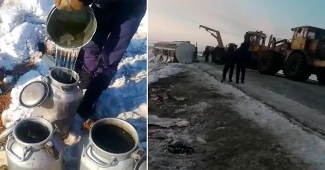 Местные черпают спирт после аварии перевернувшейся цистерны в Кустанайском районе