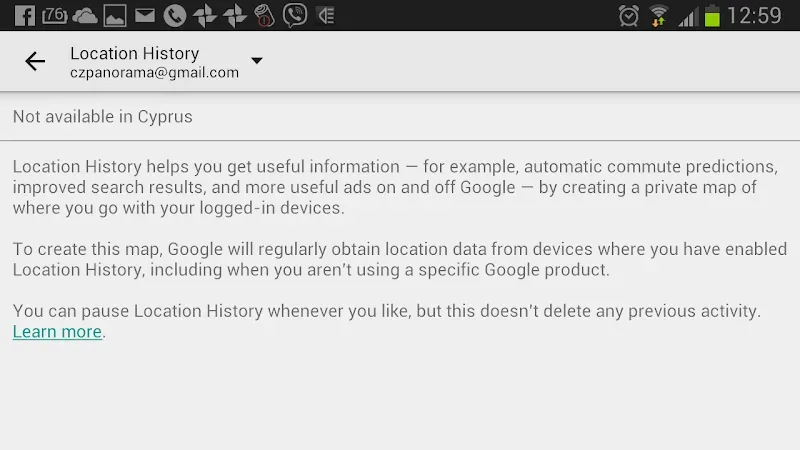 Страница Location History в Google с сообщением Not available in Cyprus и описанием функции истории местоположений