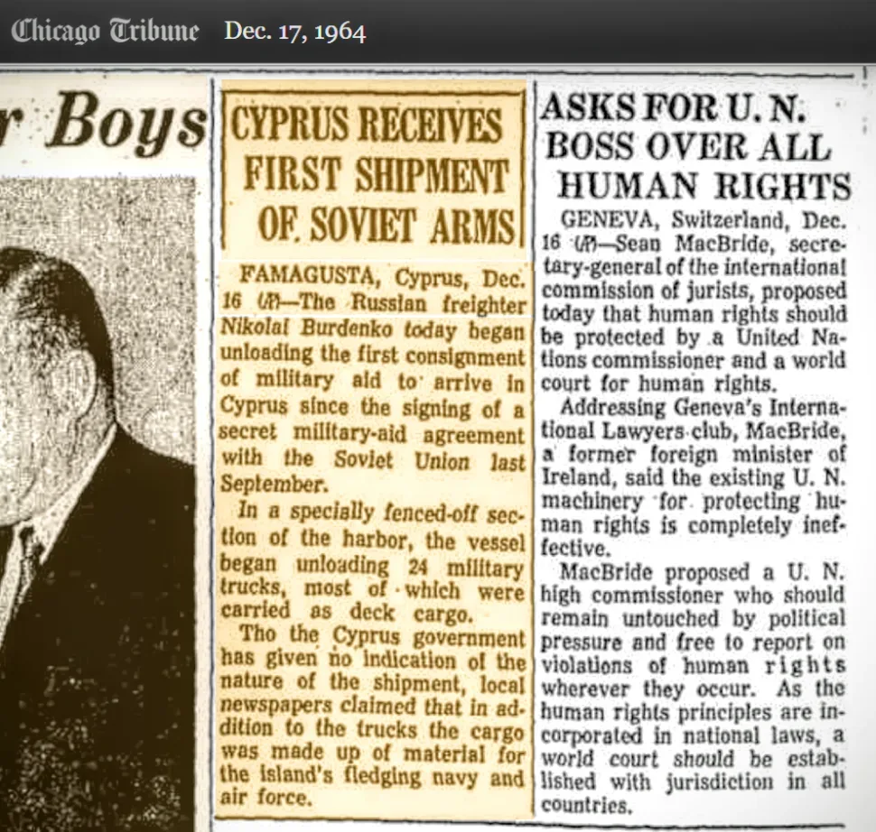 Вырезка Chicago Tribune о первой поставке советских вооружений на Кипр — 24 грузовых автомобиля