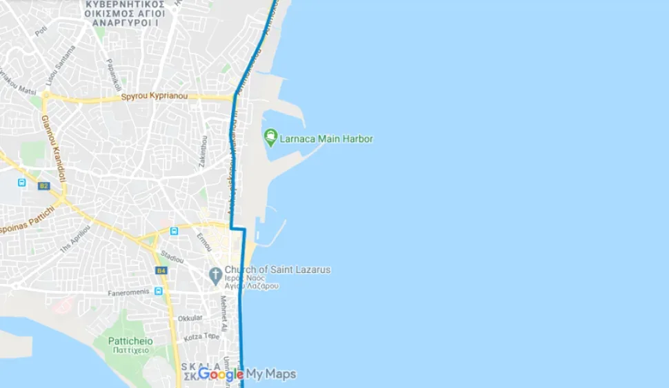 Карта с выделенной синей веткой вдоль побережья от Декелии к Маккензи