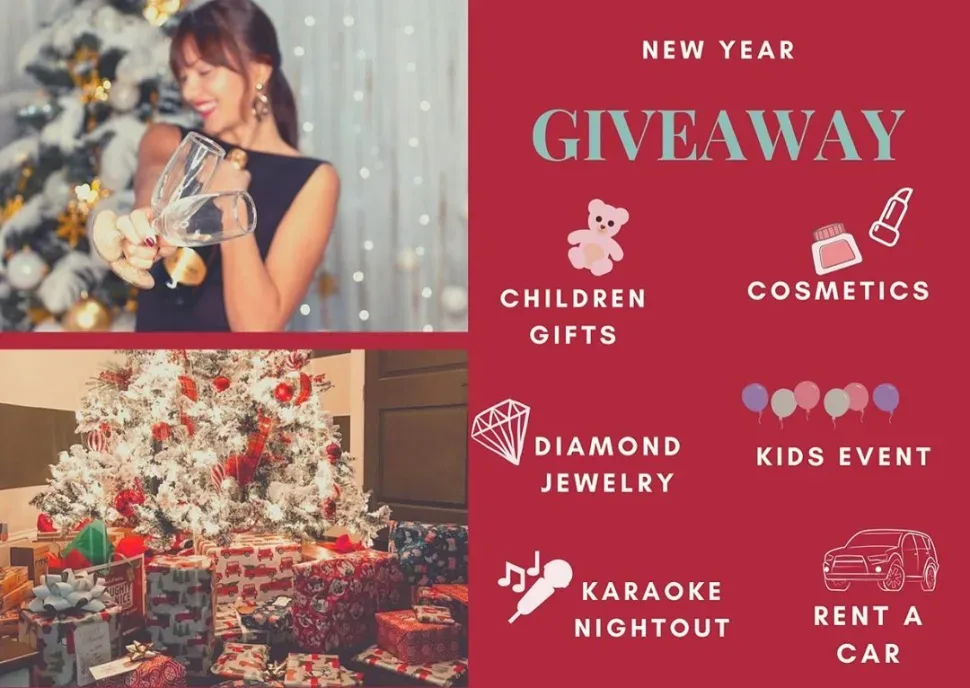 Коллаж New Year Giveaway с иконками подарков косметики ювелирных изделий и аренды авто