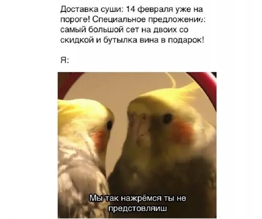 Мем с попугаем и подписью про доставку суши и бутылку вина в подарок Мем с попугаем и подписью про доставку суши и бутылку вина в подарок
