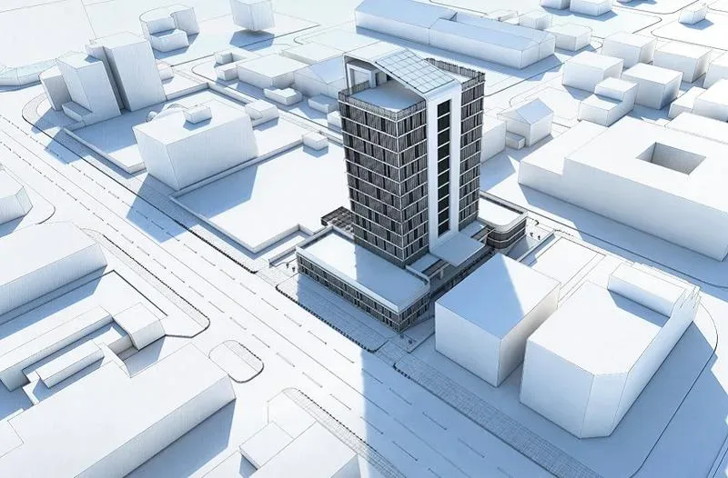 Общий план недостроенной башни MARITIME BUILDING на фоне чистого неба
