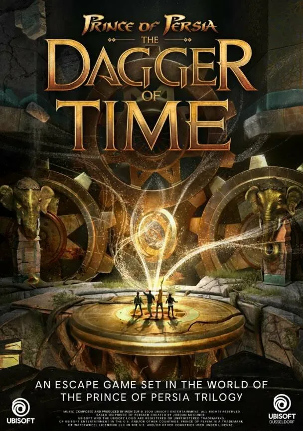 Постер Prince of Persia The Dagger Of Time с крупным логотипом и фигурками игроков на круглом механизме
