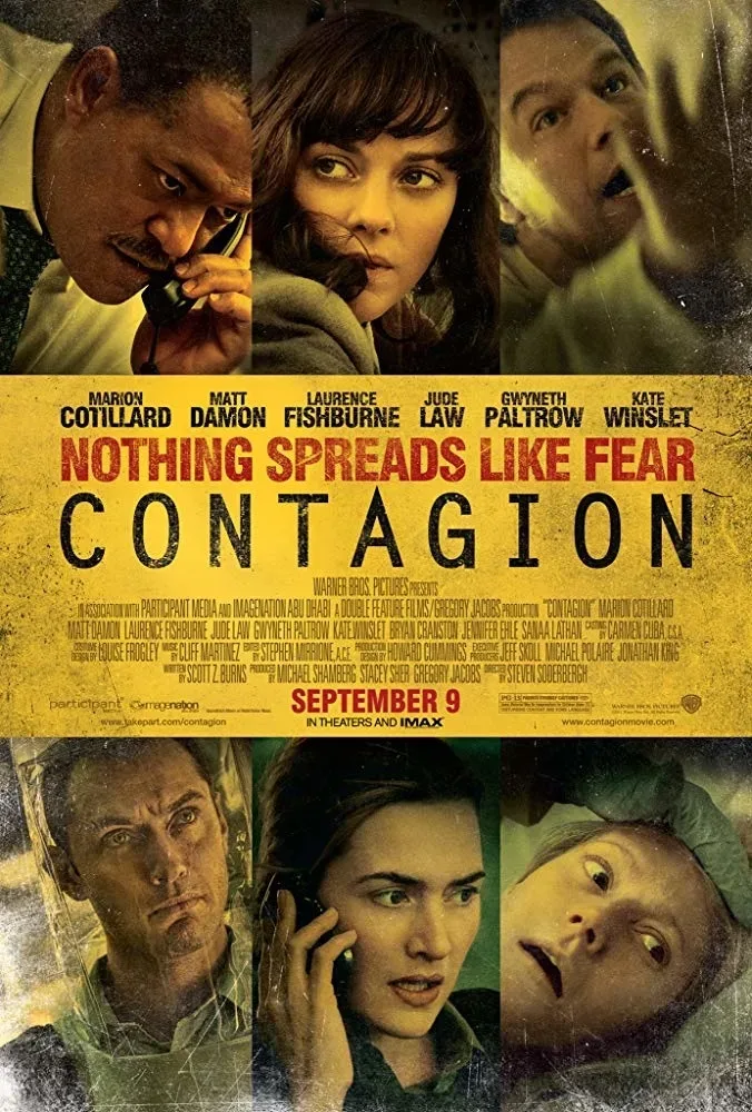 Постер фильма Заражение Contagion с коллажем лиц и крупным названием