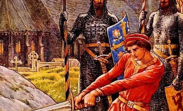 Ричард Львиное Сердце с щитом и спутниками на фоне гор