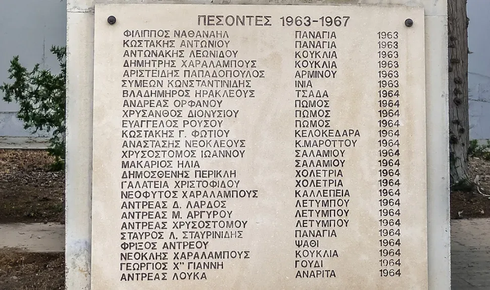 Мемориальная доска с перечнем имён погибших 1963–1967 годов рядом с памятником