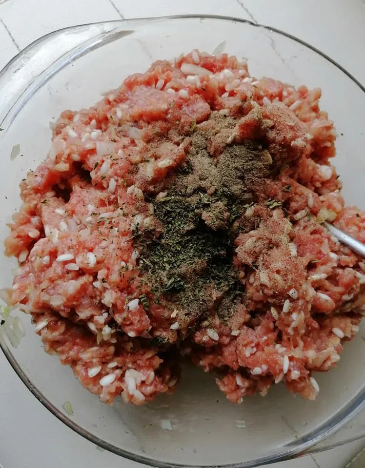 Миска с фаршем и рисом, приправленная мятой и специями Миска с фаршем и рисом, приправленная мятой и специями