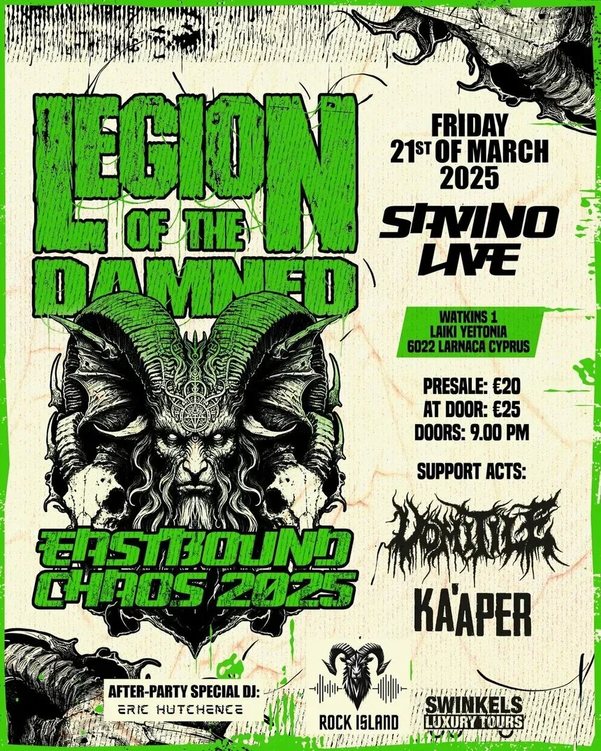 Афиша концерта Legion of the Damned в Savino Live Ларнака 21 марта 2025
