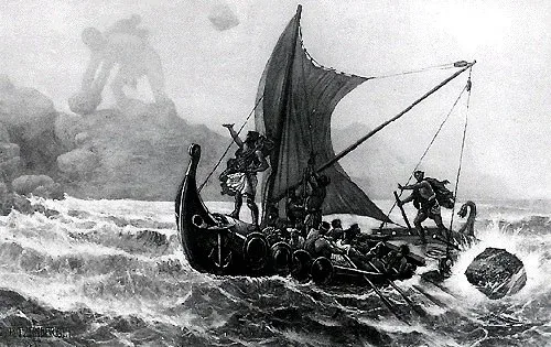 Черно-белая гравюра циклопа среди своих коз и овец