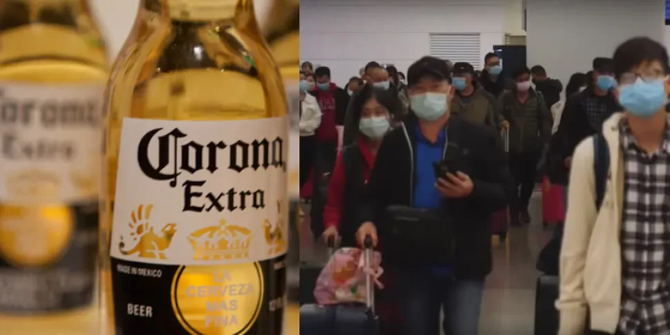 Бутылка пива Corona рядом с пассажирами в медицинских масках Бутылка пива Corona рядом с пассажирами в медицинских масках