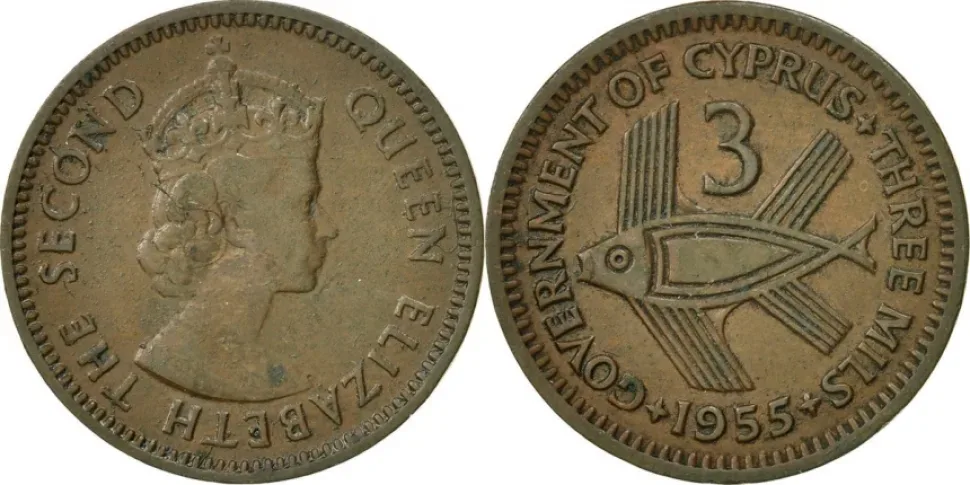Монета три милса 1955 с надписью GOVERNMENT OF CYPRUS Монета три милса 1955 с надписью GOVERNMENT OF CYPRUS