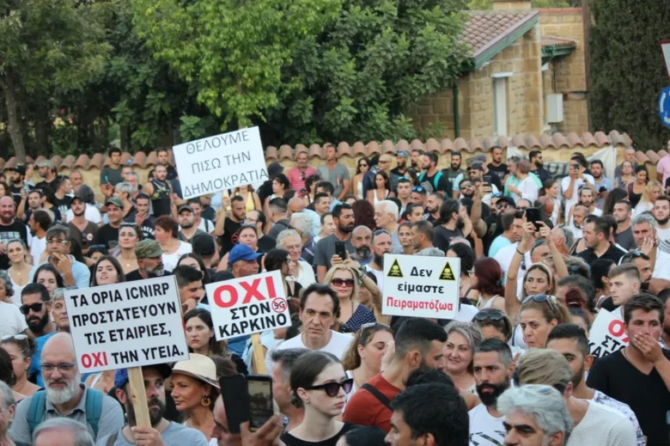 Участники митинга с поднятыми плакатами и российским флагом среди толпы