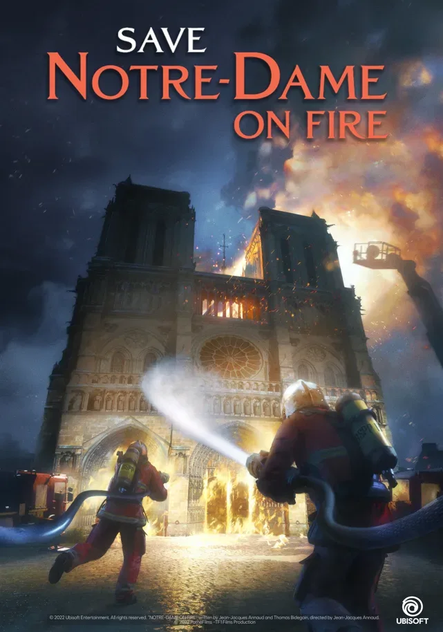 Постер Save Notre-Dame On Fire с пожарными, тушащими горящий собор Нотр‑Дам