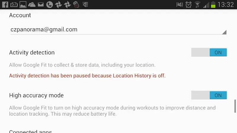 Экран настроек Google Fit с надписью о приостановленной детекции активности из‑за выключенной истории местоположений