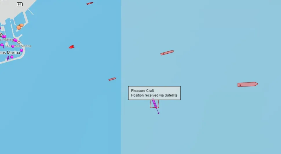 Скриншот трекера marinetraffic с пометкой Pleasure craft рядом с Лимассолом