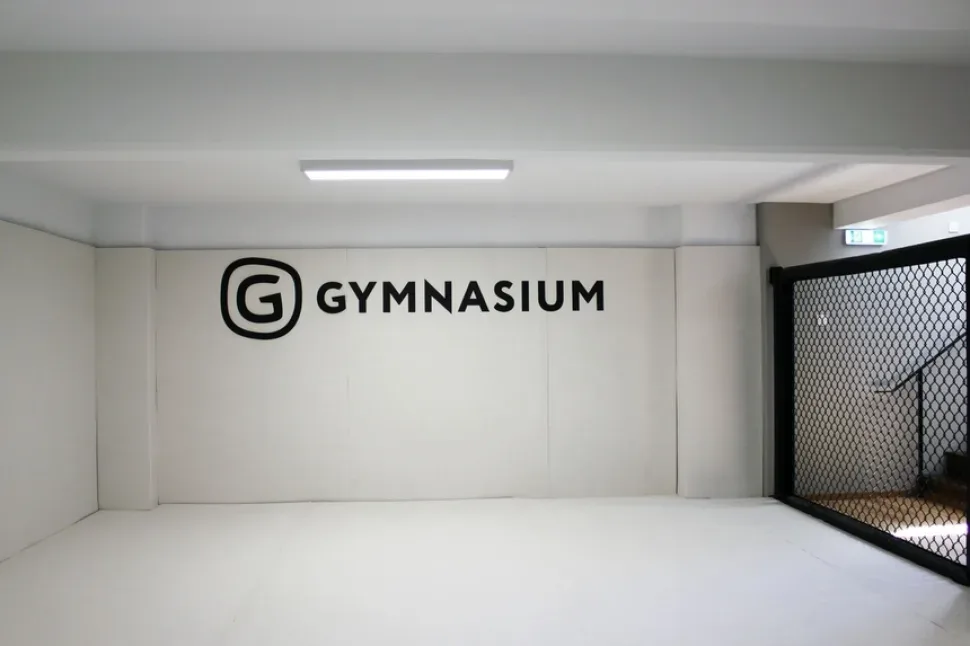 Большой белый зал с логотипом Gymnasium и центральной разметкой Большой белый зал с логотипом Gymnasium и центральной разметкой