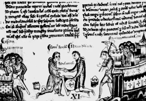 Масляная картина битвы крестоносцев с центральной фигурой рыцаря