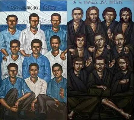 Две иконообразные картины Янниса Гигаса: «Девять повешенных ЭОКА» слева и «Десять мучеников ИРА» справа