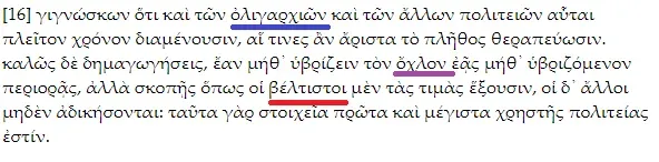 Фрагмент греческого текста Исократа с термином ὀλιγαρχία олигархия